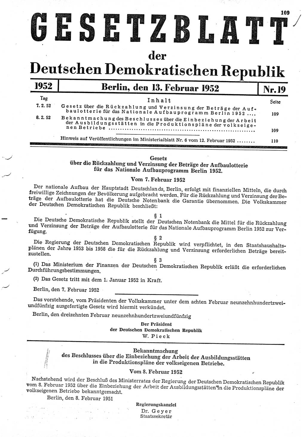 Gesetzblatt (GBl.) der Deutschen Demokratischen Republik (DDR) 1952, Seite 109 (GBl. DDR 1952, S. 109)