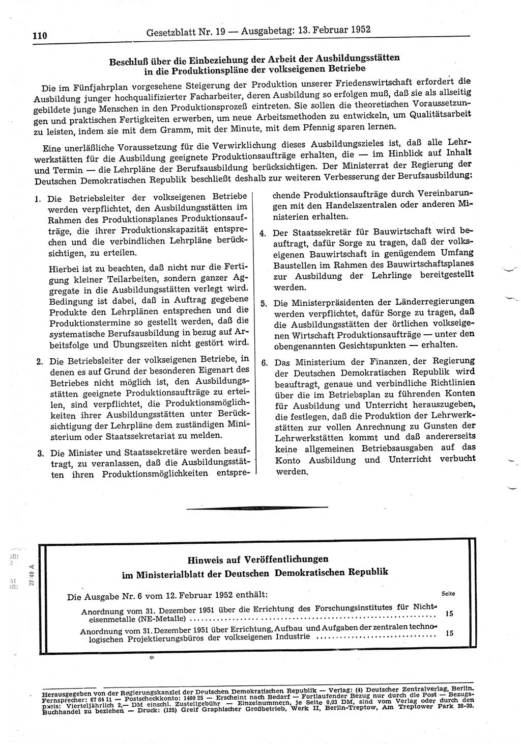Gesetzblatt (GBl.) der Deutschen Demokratischen Republik (DDR) 1952, Seite 110 (GBl. DDR 1952, S. 110)