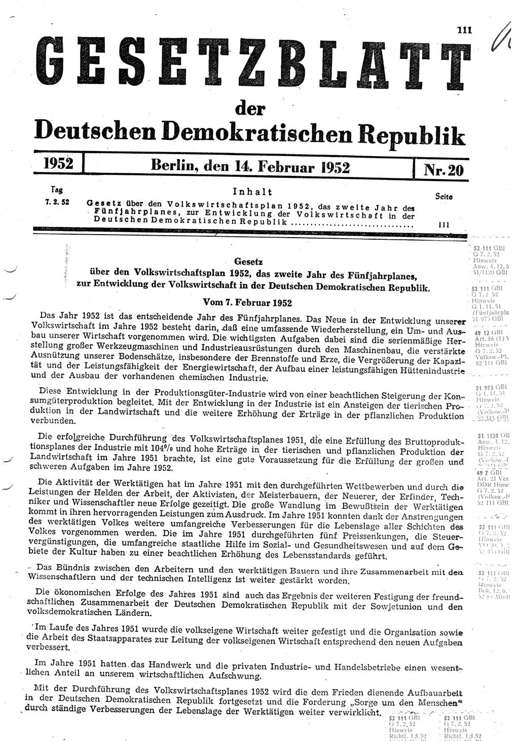 Gesetzblatt (GBl.) der Deutschen Demokratischen Republik (DDR) 1952, Seite 111 (GBl. DDR 1952, S. 111)