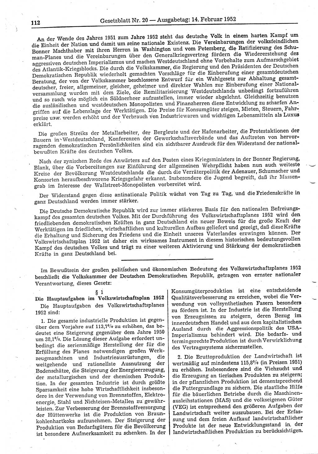 Gesetzblatt (GBl.) der Deutschen Demokratischen Republik (DDR) 1952, Seite 112 (GBl. DDR 1952, S. 112)