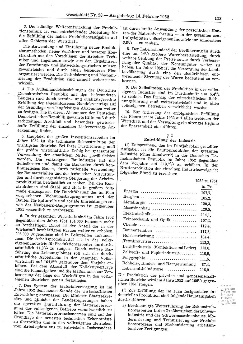 Gesetzblatt (GBl.) der Deutschen Demokratischen Republik (DDR) 1952, Seite 113 (GBl. DDR 1952, S. 113)