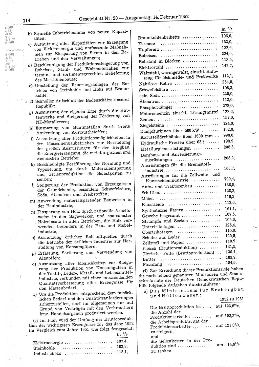 Gesetzblatt (GBl.) der Deutschen Demokratischen Republik (DDR) 1952, Seite 114 (GBl. DDR 1952, S. 114)