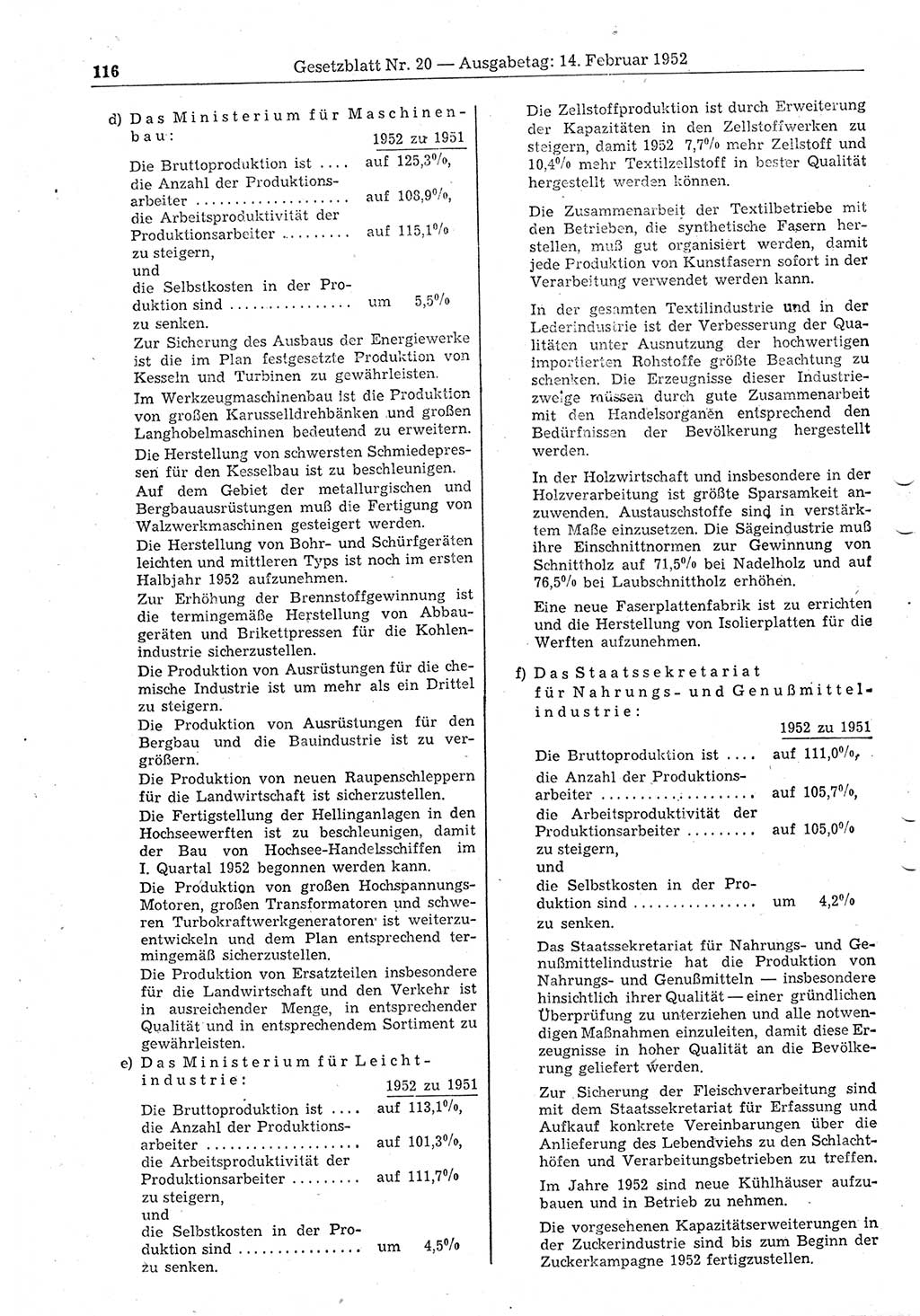 Gesetzblatt (GBl.) der Deutschen Demokratischen Republik (DDR) 1952, Seite 116 (GBl. DDR 1952, S. 116)