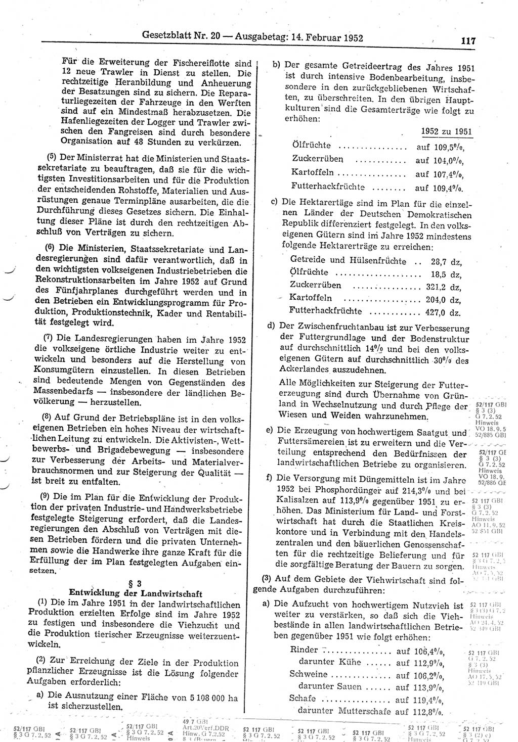 Gesetzblatt (GBl.) der Deutschen Demokratischen Republik (DDR) 1952, Seite 117 (GBl. DDR 1952, S. 117)