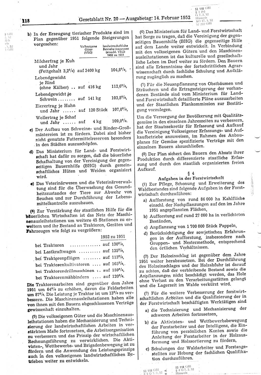 Gesetzblatt (GBl.) der Deutschen Demokratischen Republik (DDR) 1952, Seite 118 (GBl. DDR 1952, S. 118)