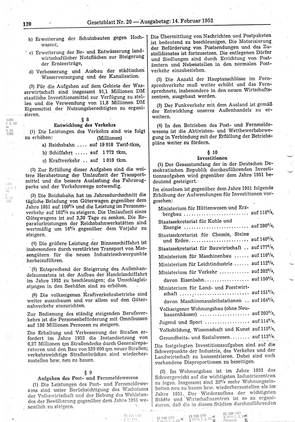 Gesetzblatt (GBl.) der Deutschen Demokratischen Republik (DDR) 1952, Seite 120 (GBl. DDR 1952, S. 120)