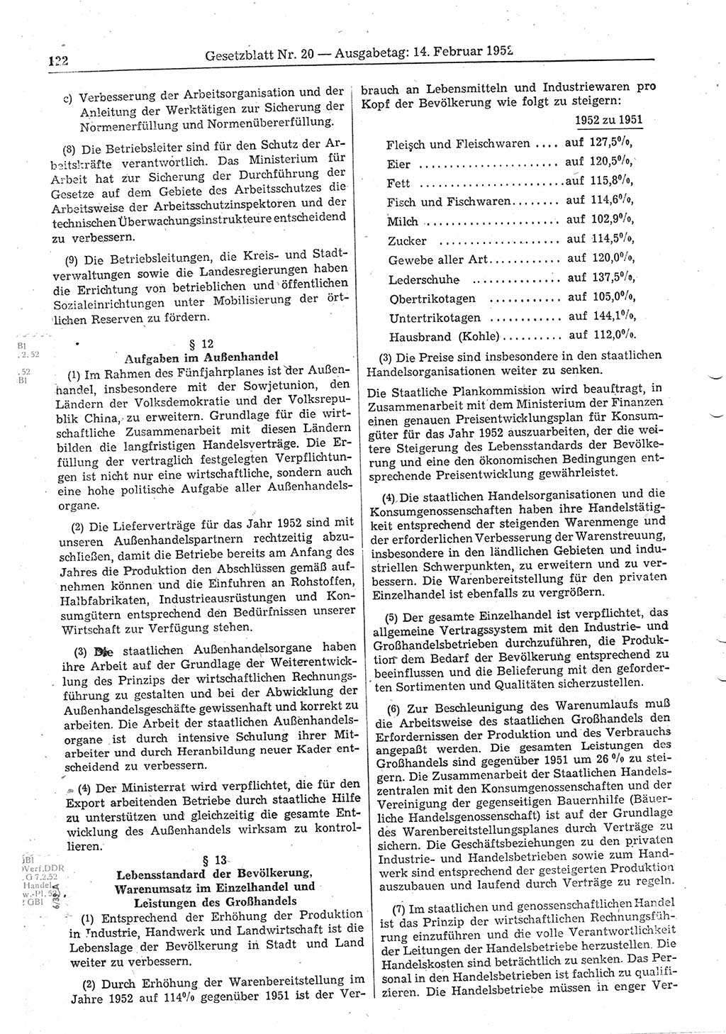 Gesetzblatt (GBl.) der Deutschen Demokratischen Republik (DDR) 1952, Seite 122 (GBl. DDR 1952, S. 122)