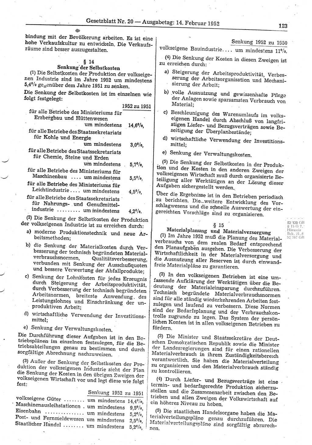 Gesetzblatt (GBl.) der Deutschen Demokratischen Republik (DDR) 1952, Seite 123 (GBl. DDR 1952, S. 123)