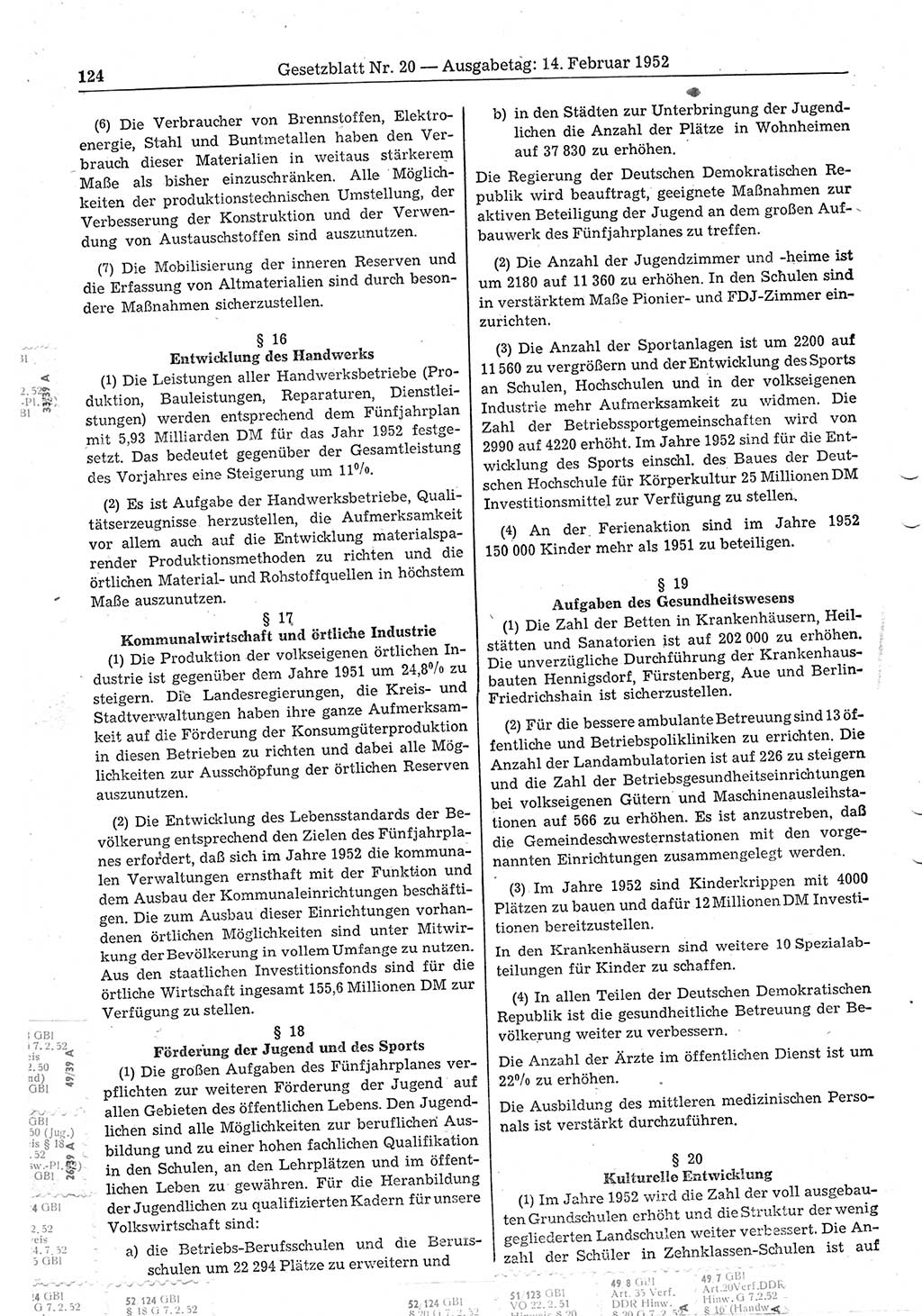 Gesetzblatt (GBl.) der Deutschen Demokratischen Republik (DDR) 1952, Seite 124 (GBl. DDR 1952, S. 124)