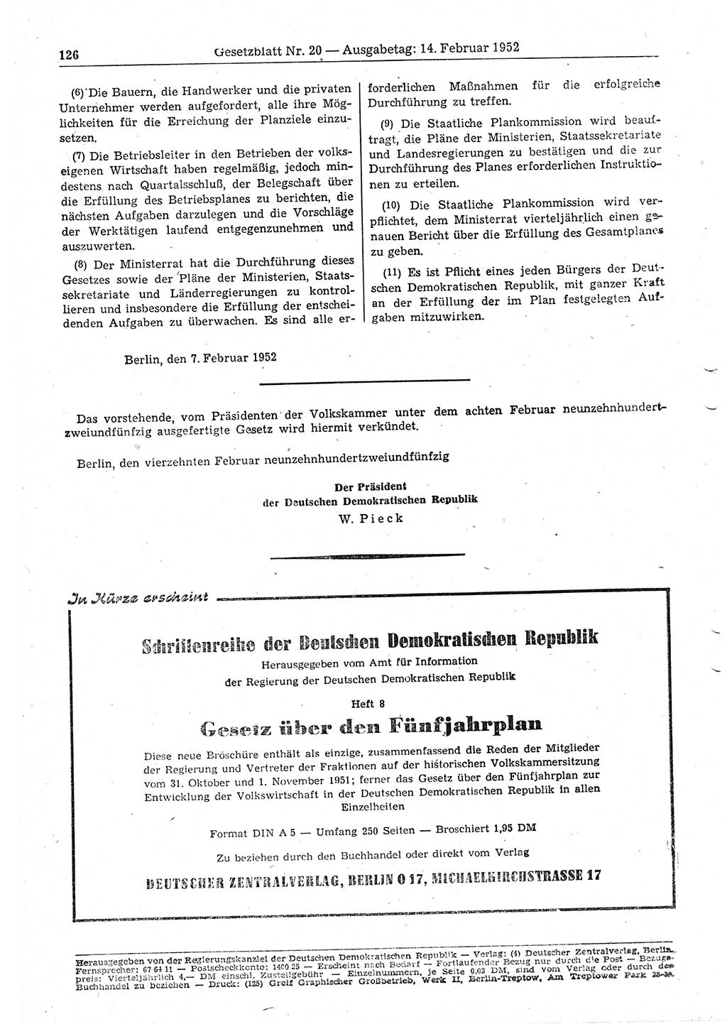 Gesetzblatt (GBl.) der Deutschen Demokratischen Republik (DDR) 1952, Seite 126 (GBl. DDR 1952, S. 126)