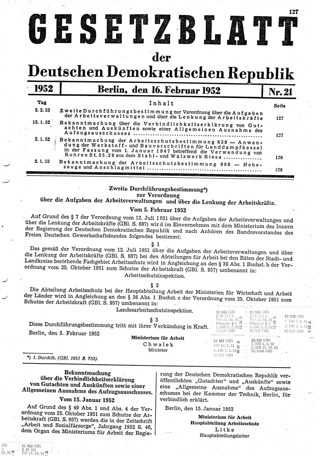 Gesetzblatt (GBl.) der Deutschen Demokratischen Republik (DDR) 1952, Seite 127 (GBl. DDR 1952, S. 127)