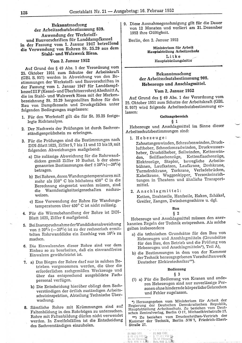 Gesetzblatt (GBl.) der Deutschen Demokratischen Republik (DDR) 1952, Seite 128 (GBl. DDR 1952, S. 128)