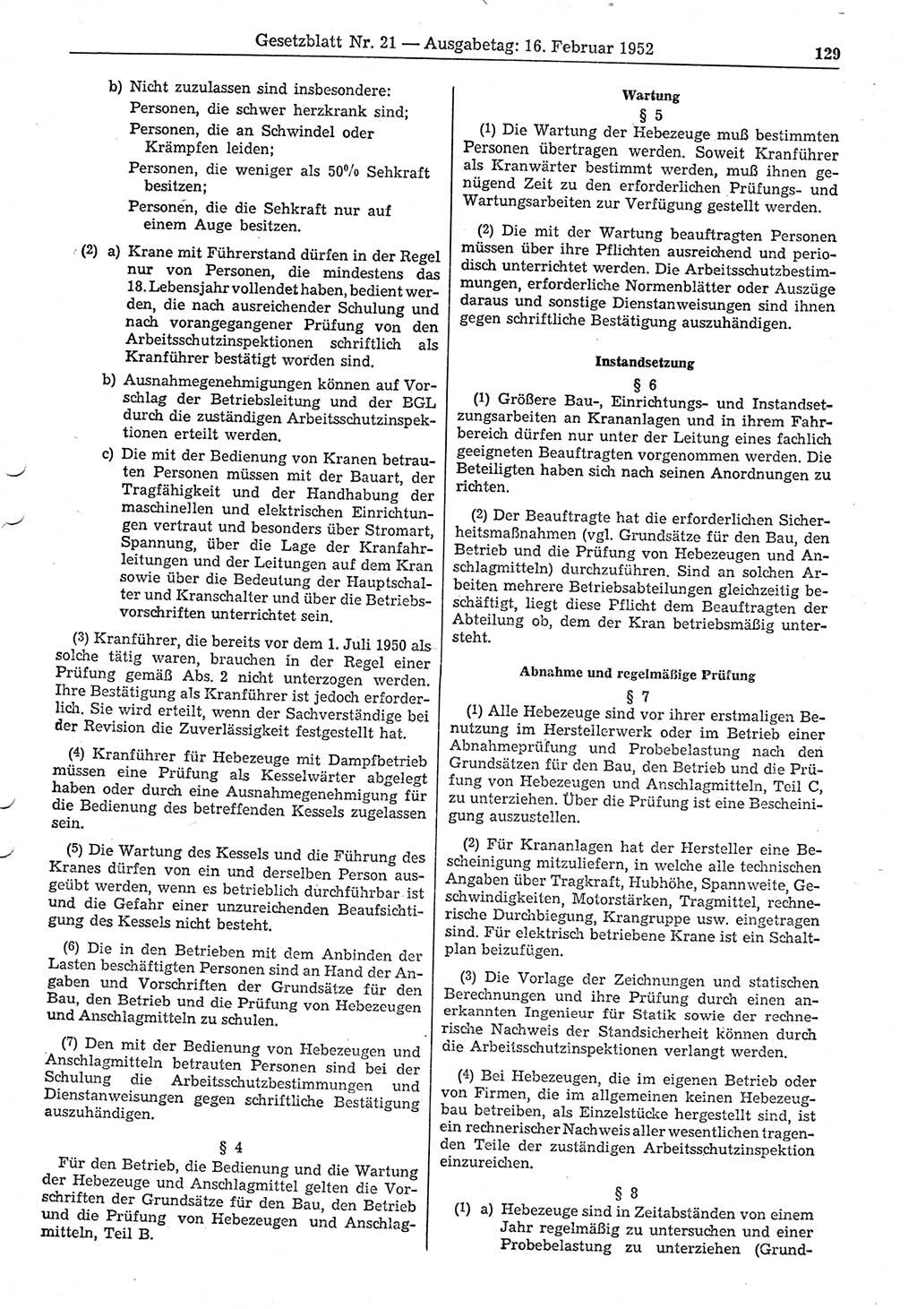 Gesetzblatt (GBl.) der Deutschen Demokratischen Republik (DDR) 1952, Seite 129 (GBl. DDR 1952, S. 129)