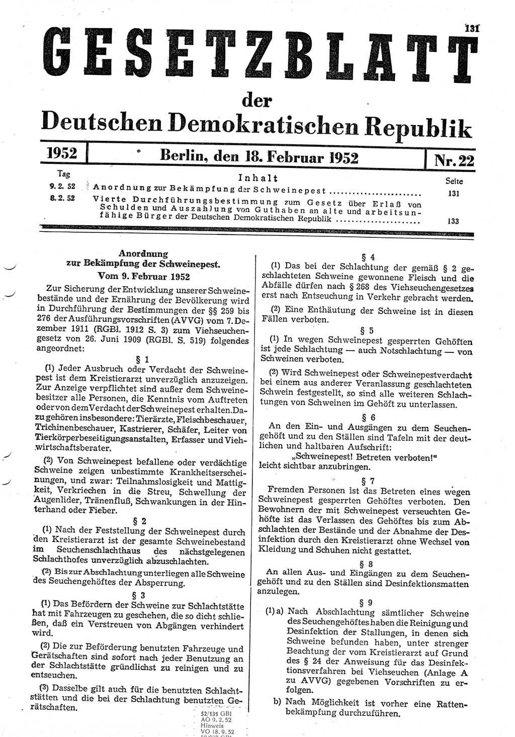 Gesetzblatt (GBl.) der Deutschen Demokratischen Republik (DDR) 1952, Seite 131 (GBl. DDR 1952, S. 131)