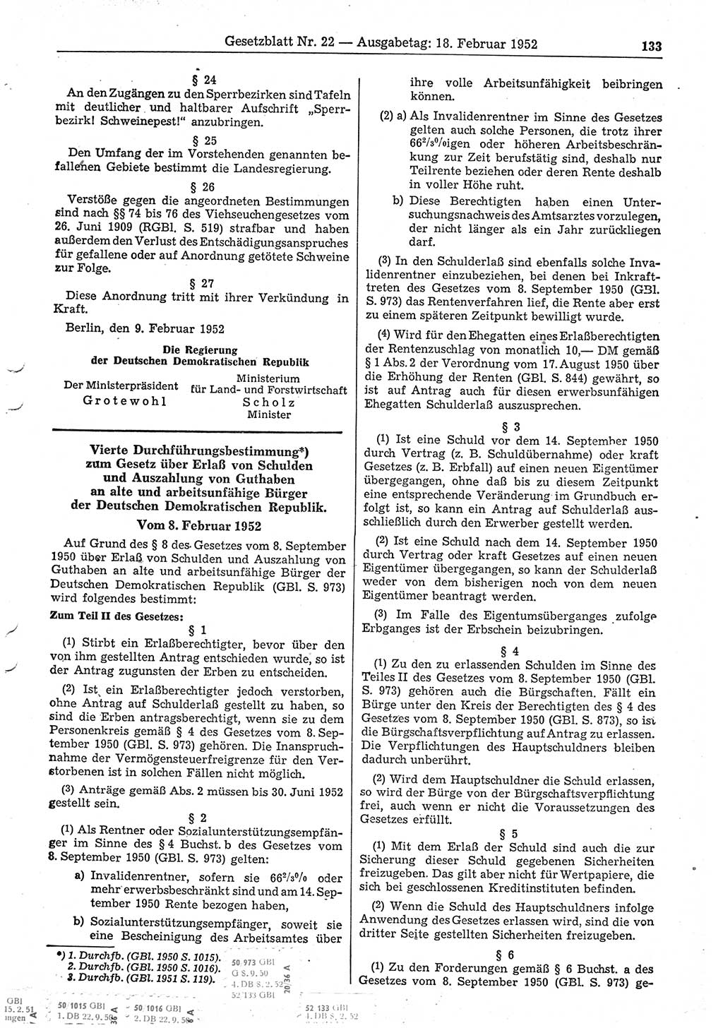 Gesetzblatt (GBl.) der Deutschen Demokratischen Republik (DDR) 1952, Seite 133 (GBl. DDR 1952, S. 133)