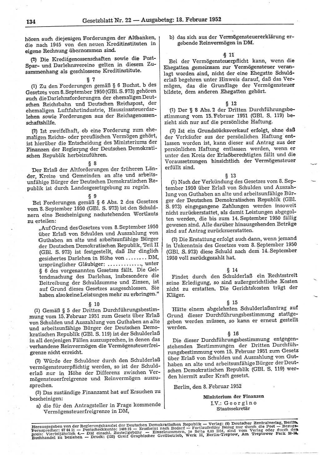 Gesetzblatt (GBl.) der Deutschen Demokratischen Republik (DDR) 1952, Seite 134 (GBl. DDR 1952, S. 134)