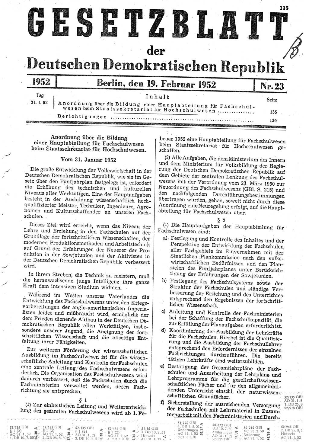 Gesetzblatt (GBl.) der Deutschen Demokratischen Republik (DDR) 1952, Seite 135 (GBl. DDR 1952, S. 135)