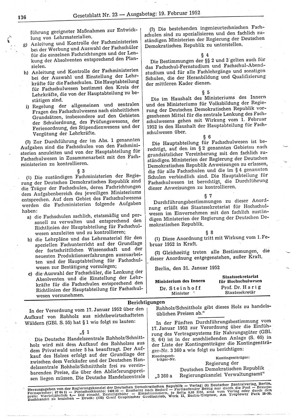 Gesetzblatt (GBl.) der Deutschen Demokratischen Republik (DDR) 1952, Seite 136 (GBl. DDR 1952, S. 136)