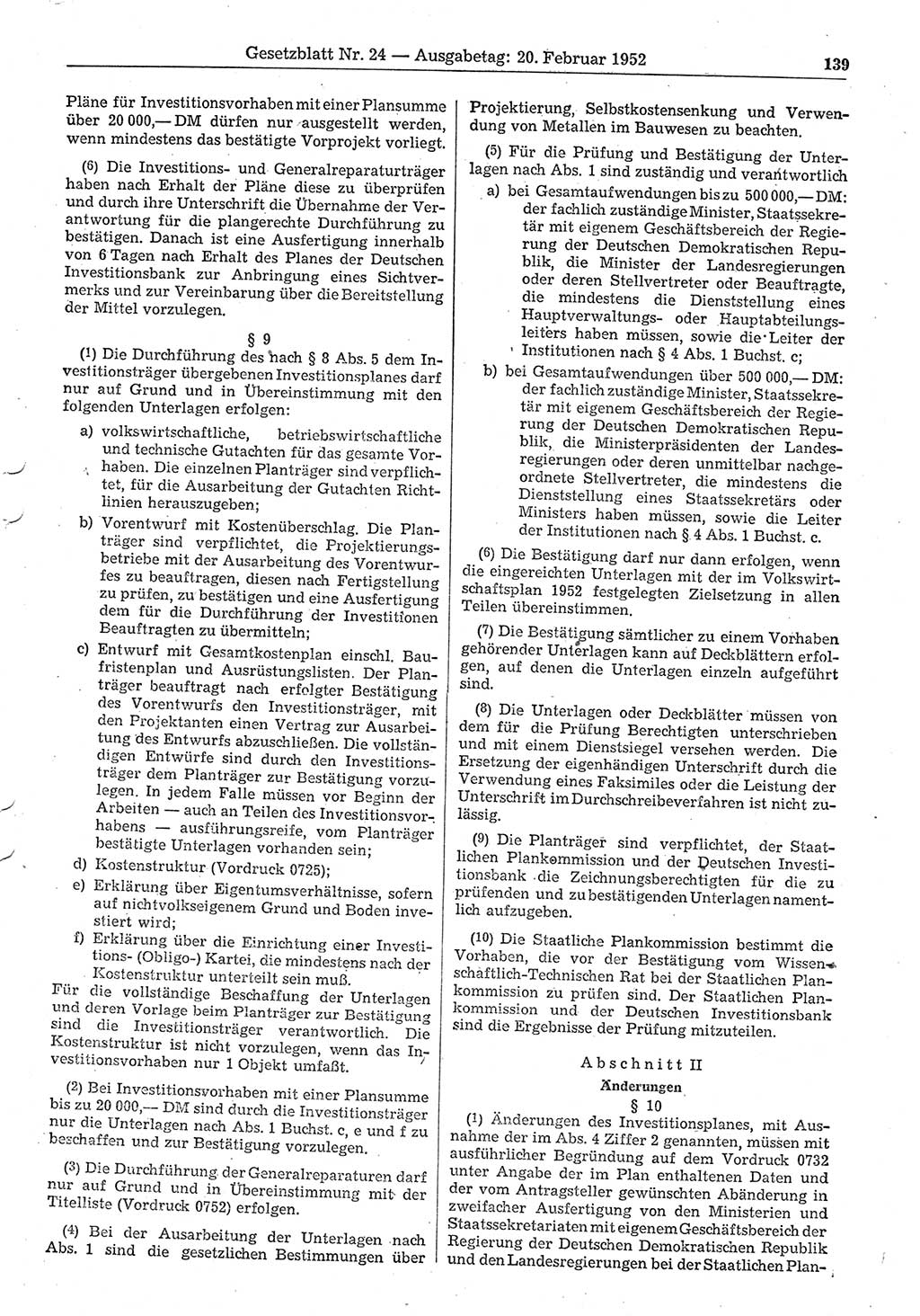 Gesetzblatt (GBl.) der Deutschen Demokratischen Republik (DDR) 1952, Seite 139 (GBl. DDR 1952, S. 139)