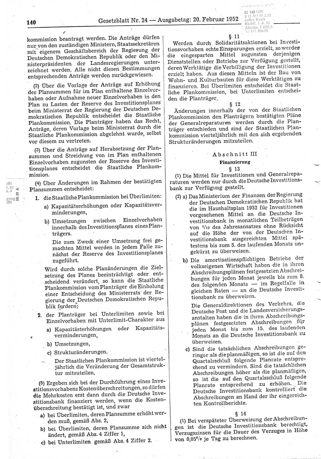 Gesetzblatt (GBl.) der Deutschen Demokratischen Republik (DDR) 1952, Seite 140 (GBl. DDR 1952, S. 140)