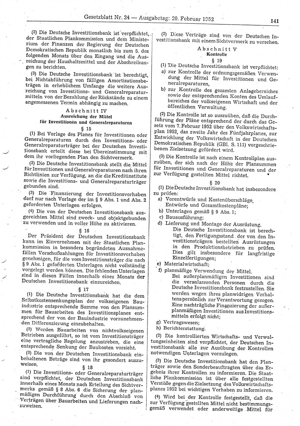 Gesetzblatt (GBl.) der Deutschen Demokratischen Republik (DDR) 1952, Seite 141 (GBl. DDR 1952, S. 141)