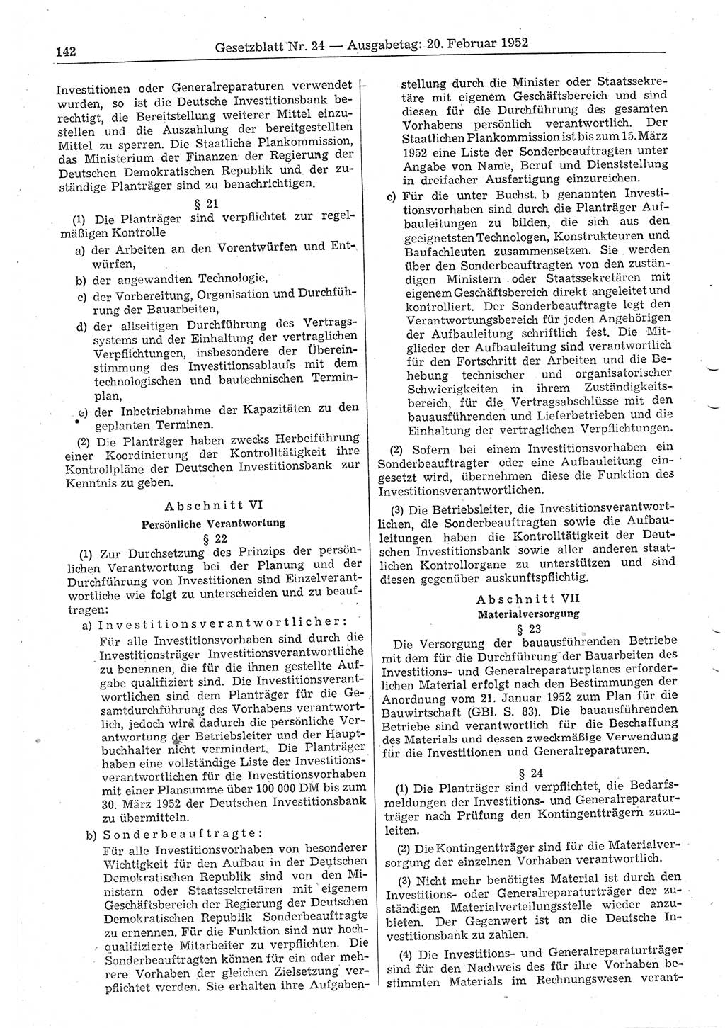 Gesetzblatt (GBl.) der Deutschen Demokratischen Republik (DDR) 1952, Seite 142 (GBl. DDR 1952, S. 142)