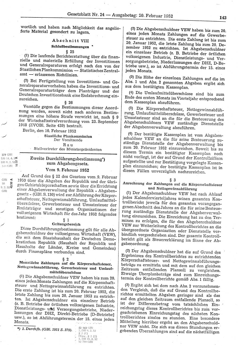 Gesetzblatt (GBl.) der Deutschen Demokratischen Republik (DDR) 1952, Seite 143 (GBl. DDR 1952, S. 143)