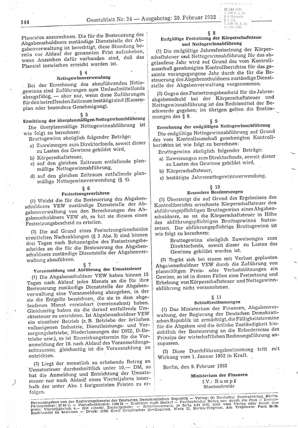 Gesetzblatt (GBl.) der Deutschen Demokratischen Republik (DDR) 1952, Seite 144 (GBl. DDR 1952, S. 144)
