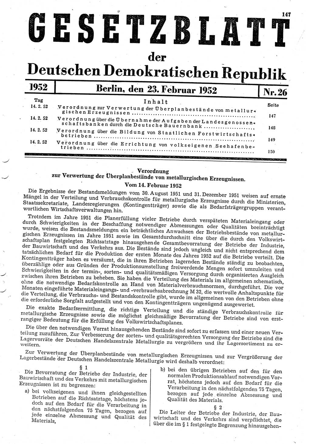 Gesetzblatt (GBl.) der Deutschen Demokratischen Republik (DDR) 1952, Seite 147 (GBl. DDR 1952, S. 147)