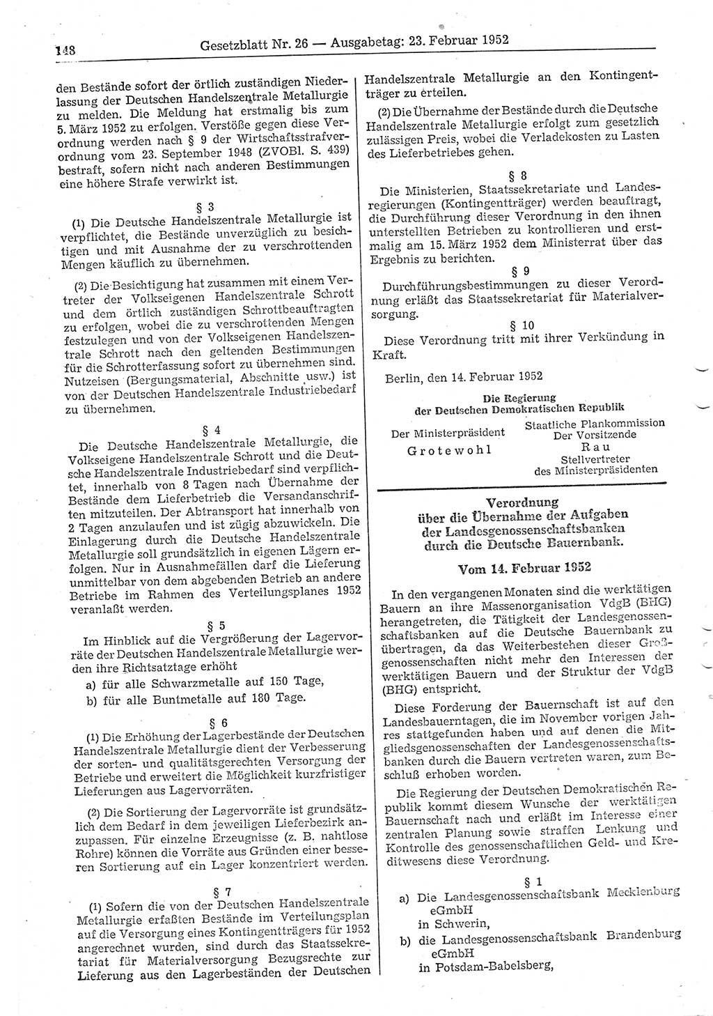 Gesetzblatt (GBl.) der Deutschen Demokratischen Republik (DDR) 1952, Seite 148 (GBl. DDR 1952, S. 148)