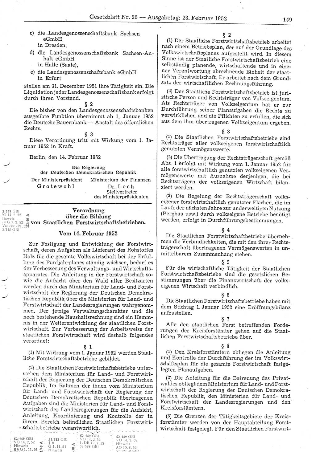 Gesetzblatt (GBl.) der Deutschen Demokratischen Republik (DDR) 1952, Seite 149 (GBl. DDR 1952, S. 149)