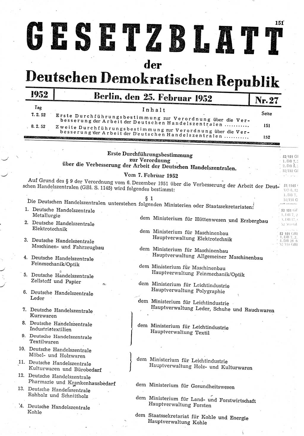 Gesetzblatt (GBl.) der Deutschen Demokratischen Republik (DDR) 1952, Seite 151 (GBl. DDR 1952, S. 151)