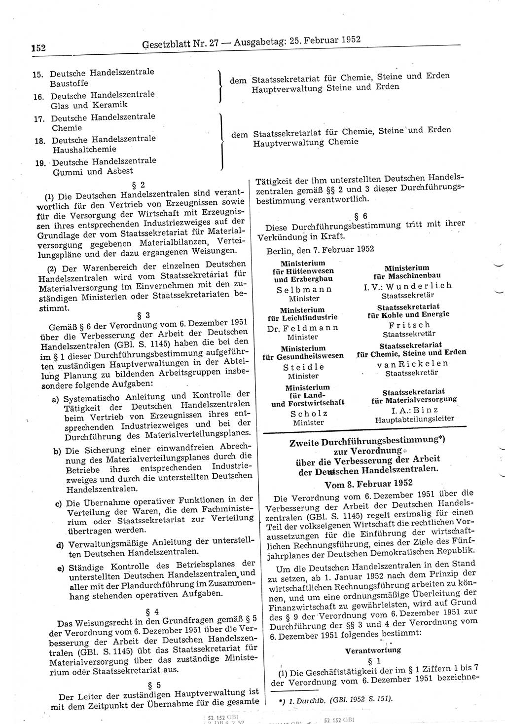 Gesetzblatt (GBl.) der Deutschen Demokratischen Republik (DDR) 1952, Seite 152 (GBl. DDR 1952, S. 152)