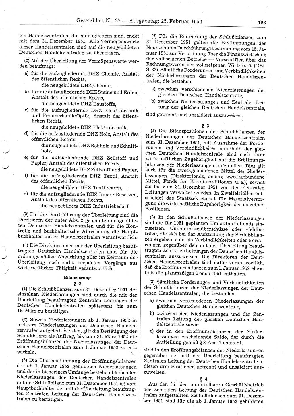 Gesetzblatt (GBl.) der Deutschen Demokratischen Republik (DDR) 1952, Seite 153 (GBl. DDR 1952, S. 153)