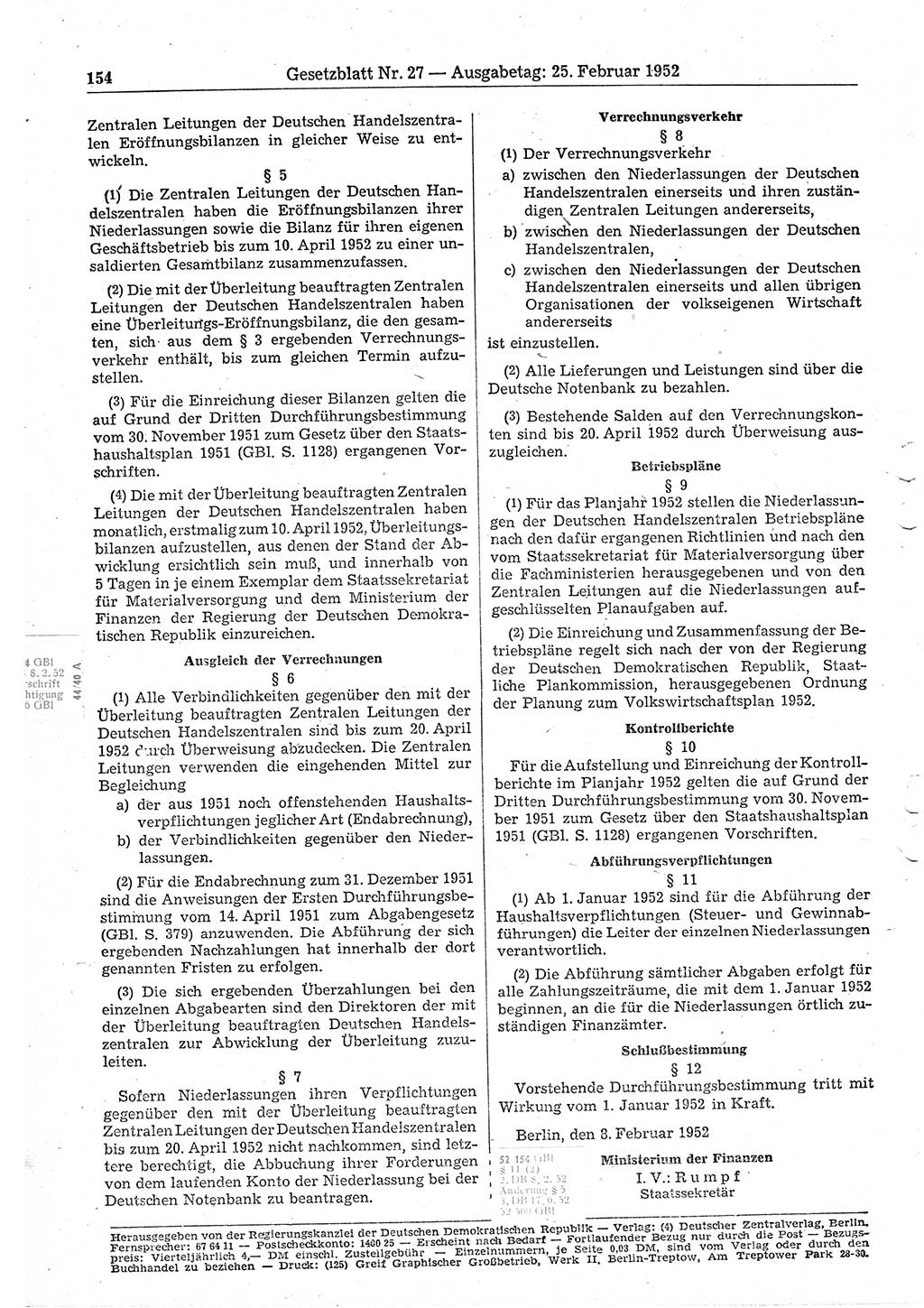 Gesetzblatt (GBl.) der Deutschen Demokratischen Republik (DDR) 1952, Seite 154 (GBl. DDR 1952, S. 154)