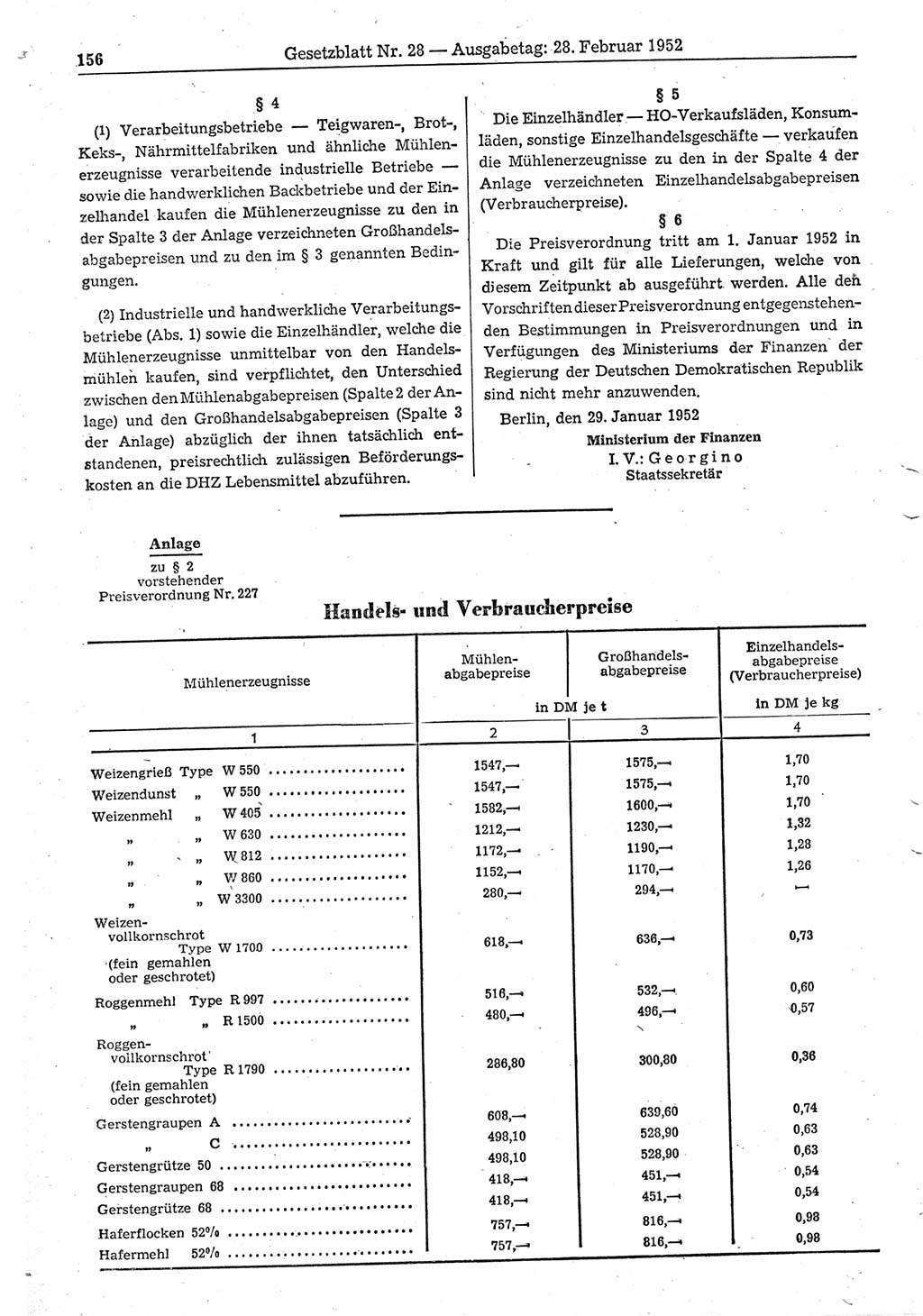 Gesetzblatt (GBl.) der Deutschen Demokratischen Republik (DDR) 1952, Seite 156 (GBl. DDR 1952, S. 156)