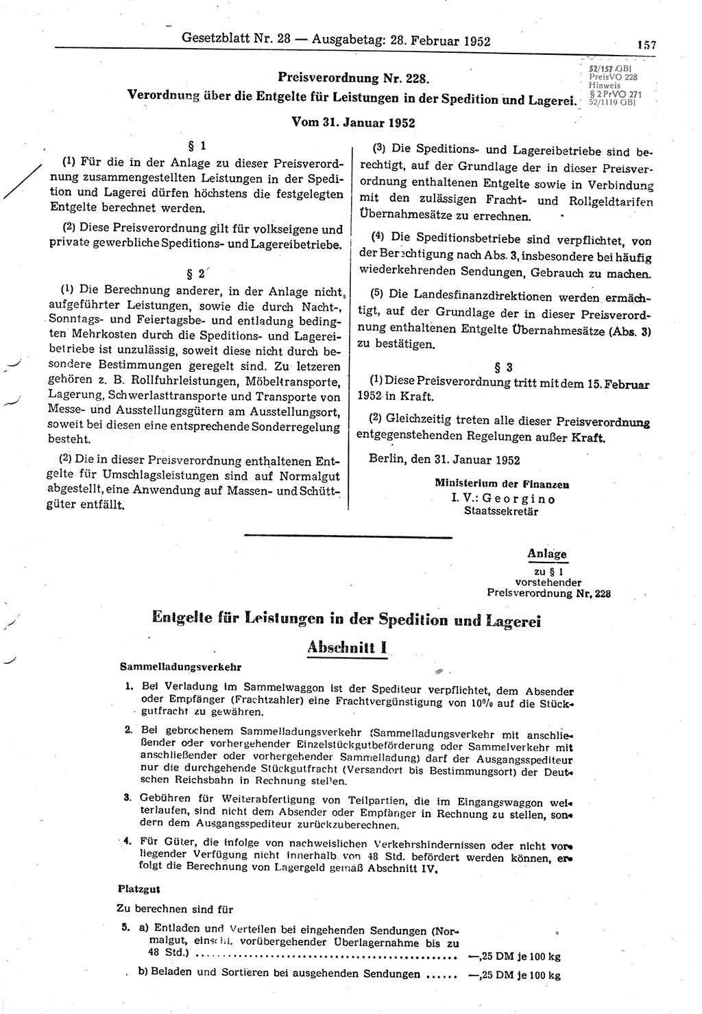 Gesetzblatt (GBl.) der Deutschen Demokratischen Republik (DDR) 1952, Seite 157 (GBl. DDR 1952, S. 157)