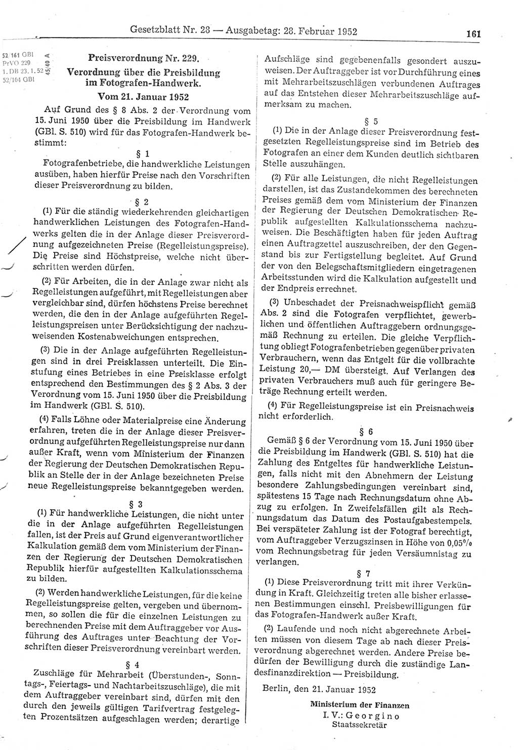 Gesetzblatt (GBl.) der Deutschen Demokratischen Republik (DDR) 1952, Seite 161 (GBl. DDR 1952, S. 161)