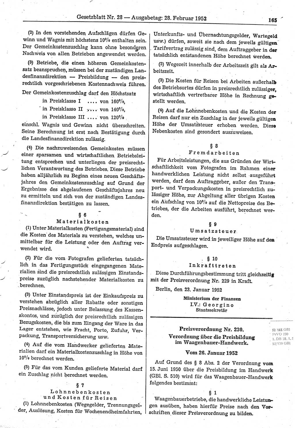Gesetzblatt (GBl.) der Deutschen Demokratischen Republik (DDR) 1952, Seite 165 (GBl. DDR 1952, S. 165)