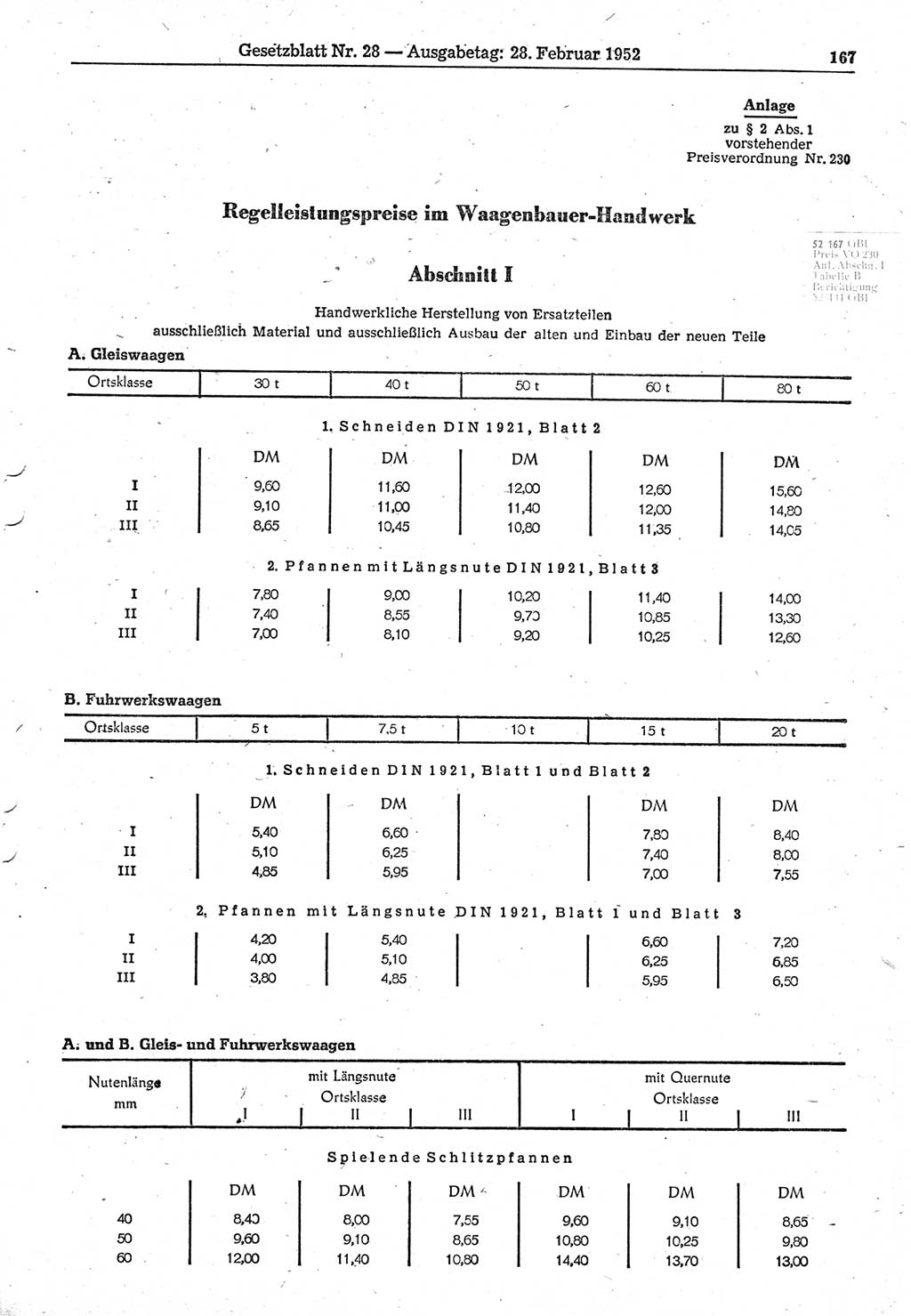 Gesetzblatt (GBl.) der Deutschen Demokratischen Republik (DDR) 1952, Seite 167 (GBl. DDR 1952, S. 167)