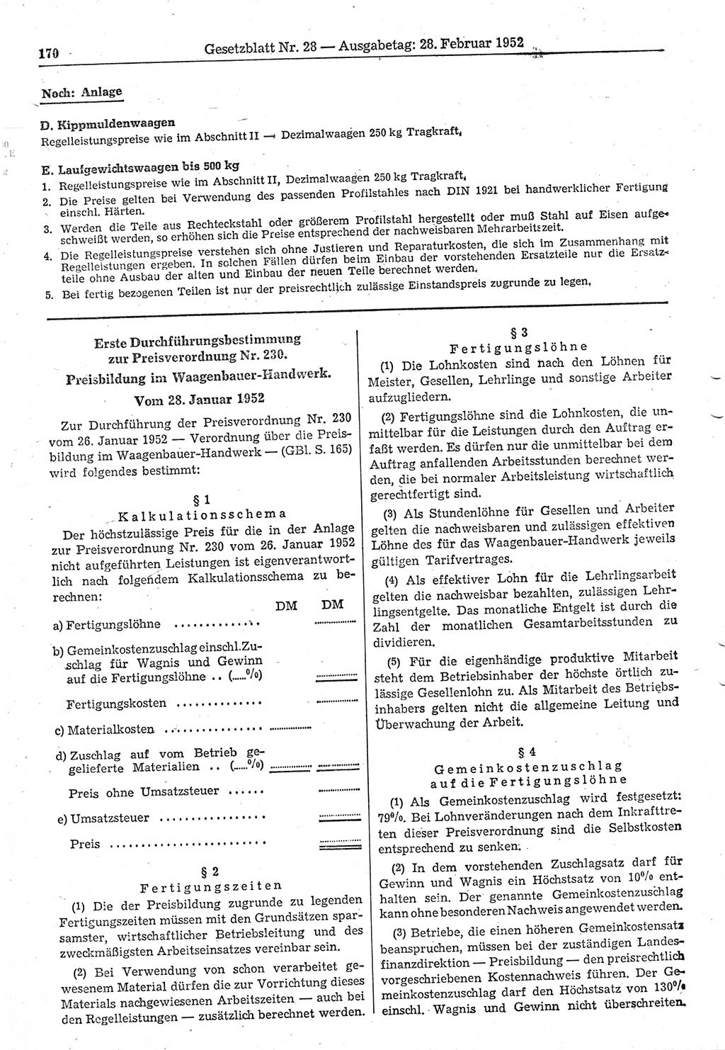 Gesetzblatt (GBl.) der Deutschen Demokratischen Republik (DDR) 1952, Seite 170 (GBl. DDR 1952, S. 170)