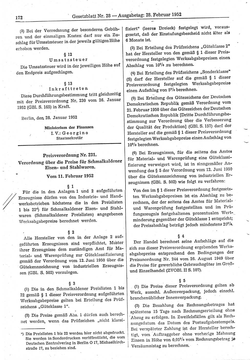 Gesetzblatt (GBl.) der Deutschen Demokratischen Republik (DDR) 1952, Seite 172 (GBl. DDR 1952, S. 172)