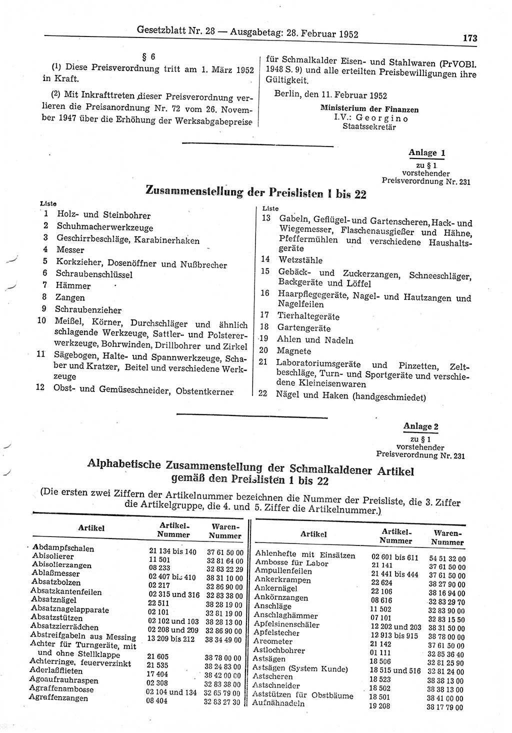 Gesetzblatt (GBl.) der Deutschen Demokratischen Republik (DDR) 1952, Seite 173 (GBl. DDR 1952, S. 173)