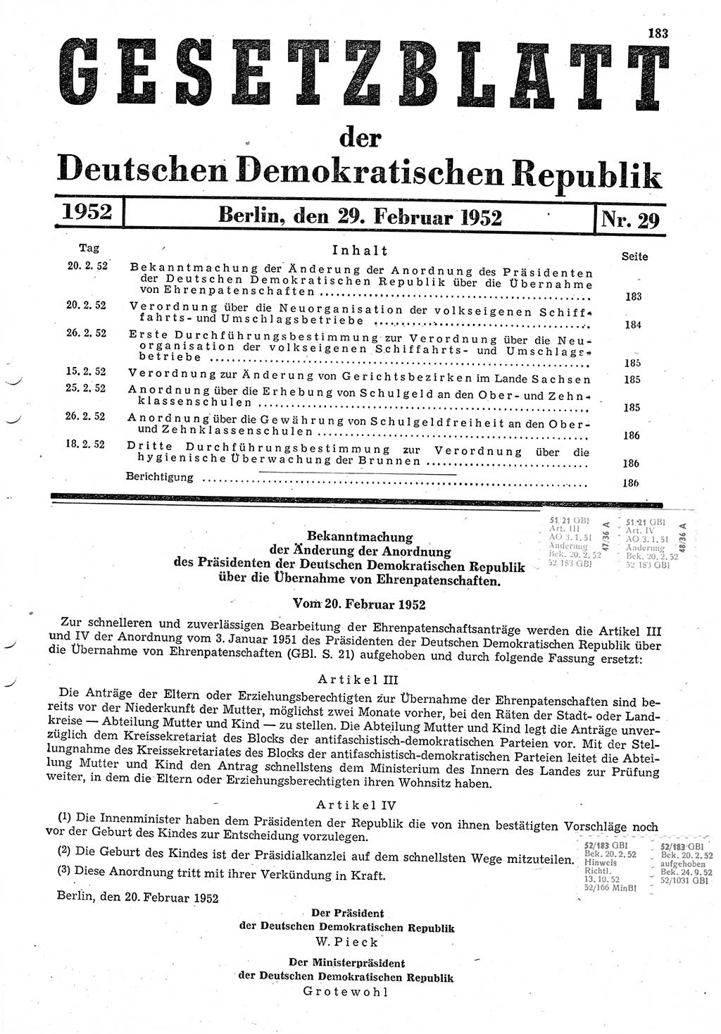 Gesetzblatt (GBl.) der Deutschen Demokratischen Republik (DDR) 1952, Seite 183 (GBl. DDR 1952, S. 183)