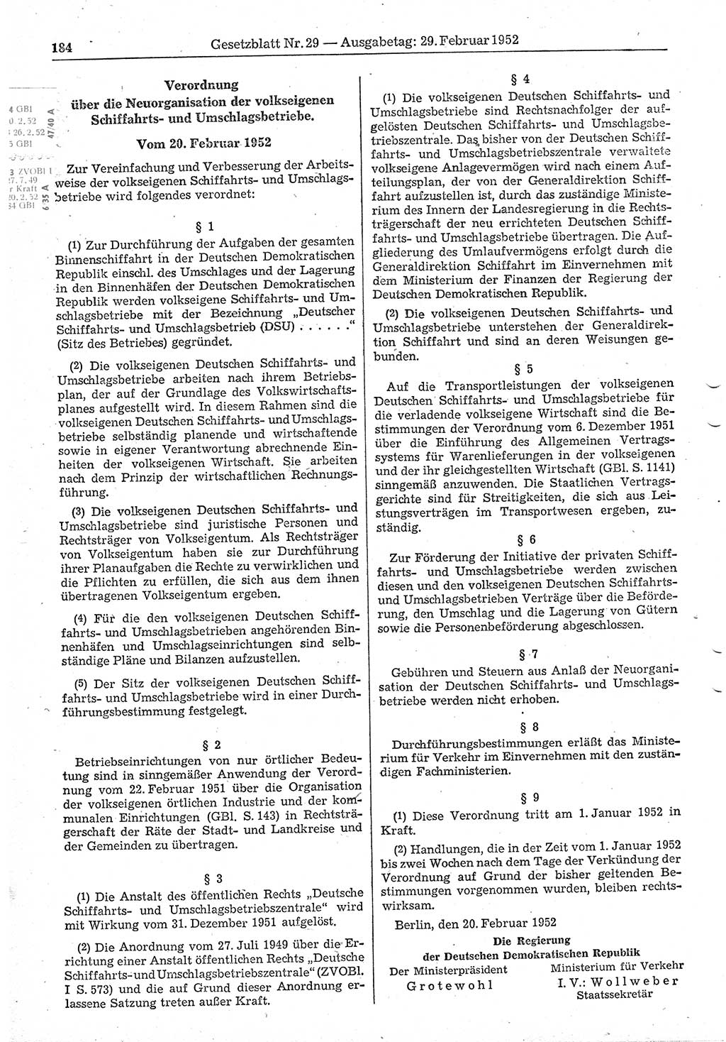 Gesetzblatt (GBl.) der Deutschen Demokratischen Republik (DDR) 1952, Seite 184 (GBl. DDR 1952, S. 184)