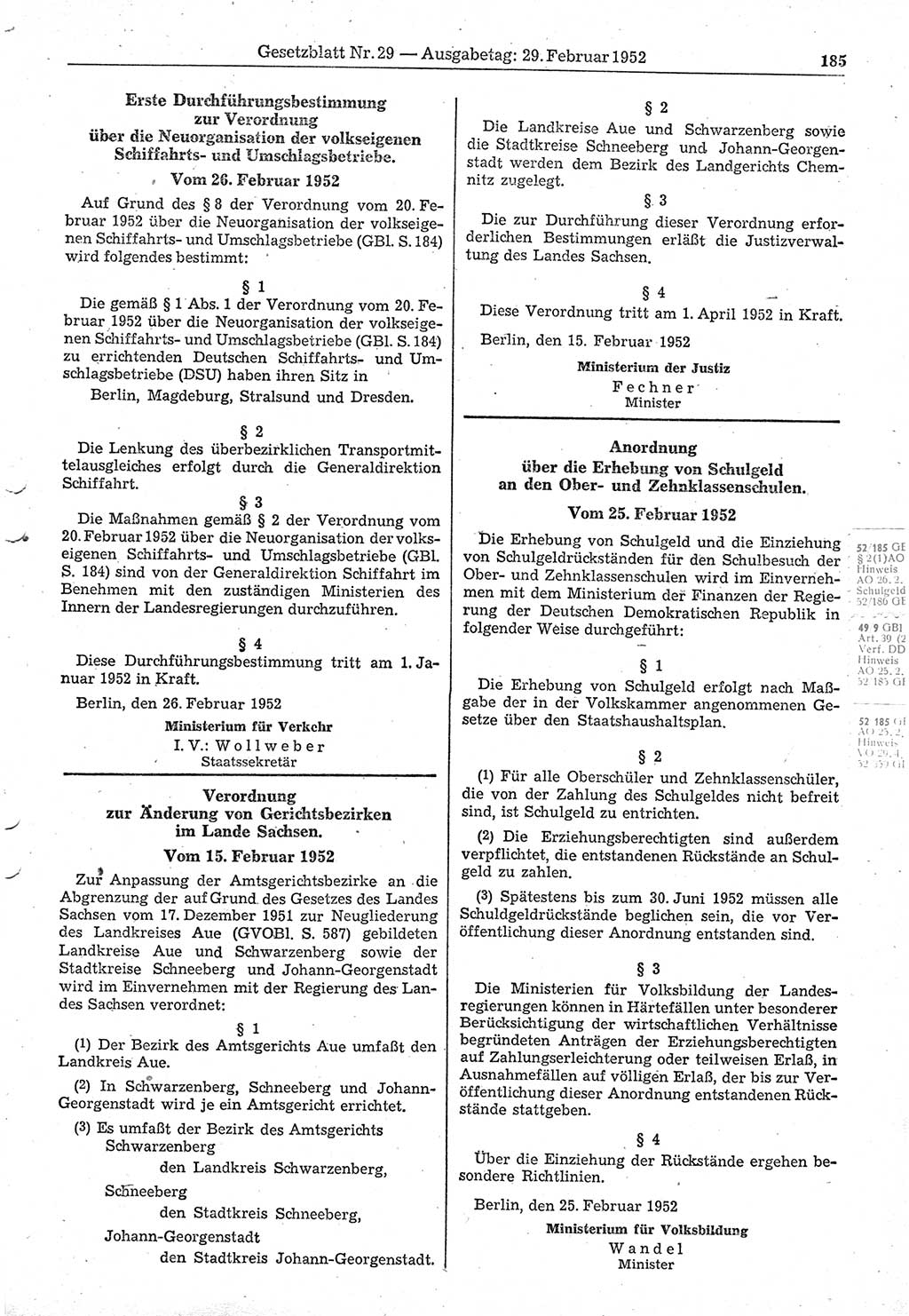 Gesetzblatt (GBl.) der Deutschen Demokratischen Republik (DDR) 1952, Seite 185 (GBl. DDR 1952, S. 185)