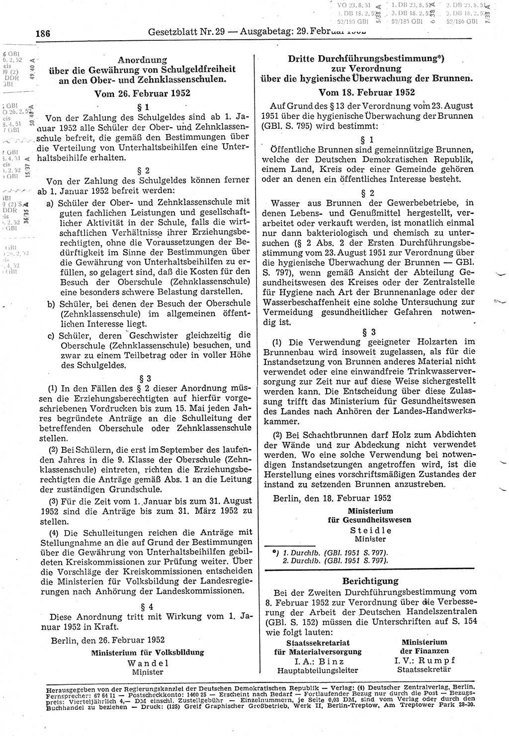 Gesetzblatt (GBl.) der Deutschen Demokratischen Republik (DDR) 1952, Seite 186 (GBl. DDR 1952, S. 186)