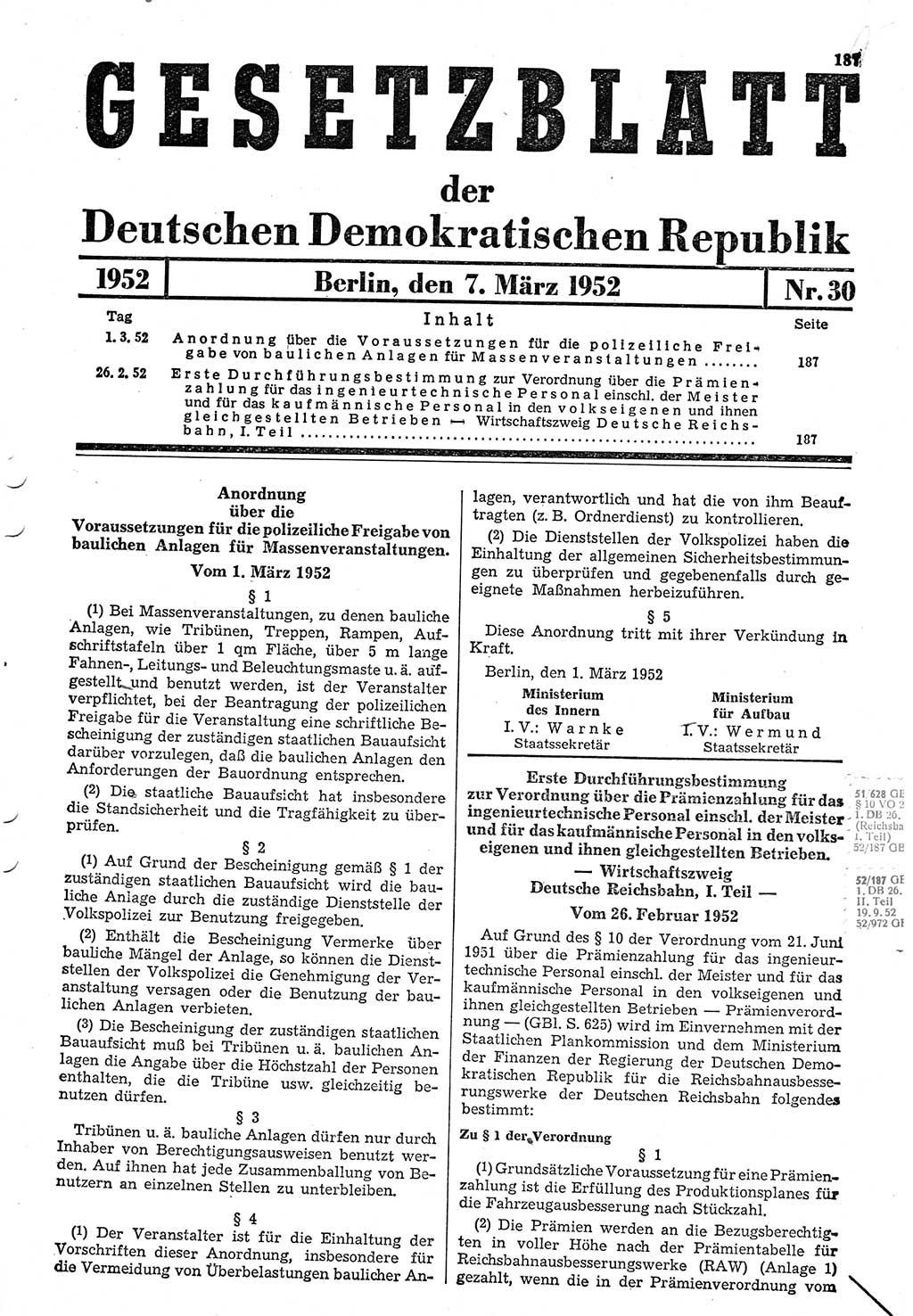 Gesetzblatt (GBl.) der Deutschen Demokratischen Republik (DDR) 1952, Seite 187 (GBl. DDR 1952, S. 187)