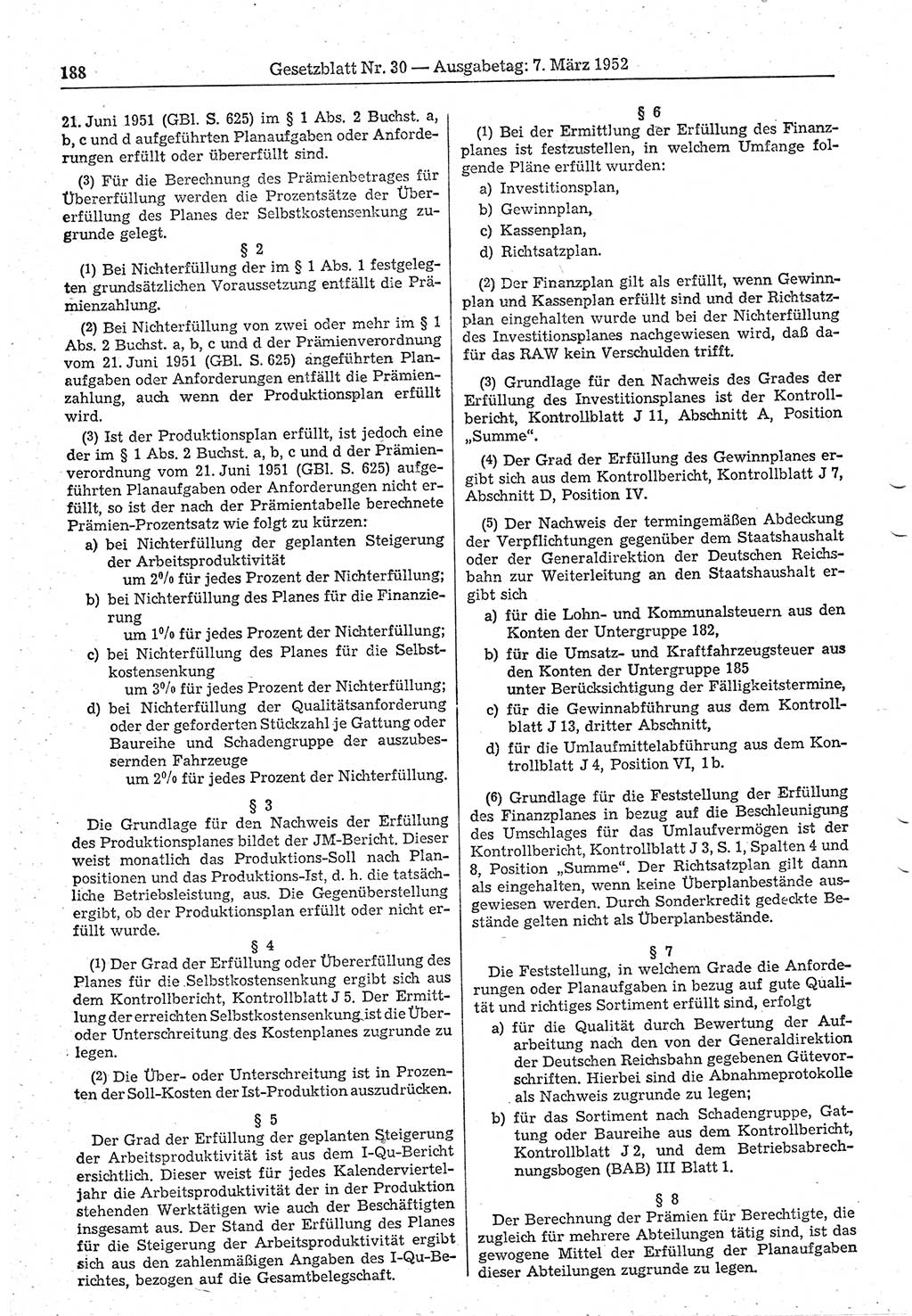 Gesetzblatt (GBl.) der Deutschen Demokratischen Republik (DDR) 1952, Seite 188 (GBl. DDR 1952, S. 188)