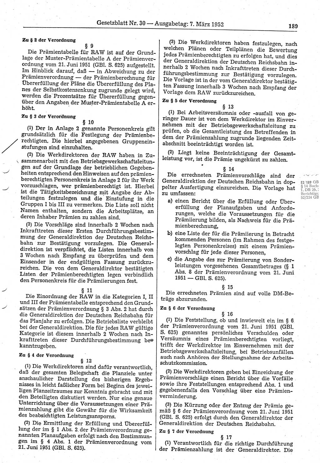 Gesetzblatt (GBl.) der Deutschen Demokratischen Republik (DDR) 1952, Seite 189 (GBl. DDR 1952, S. 189)